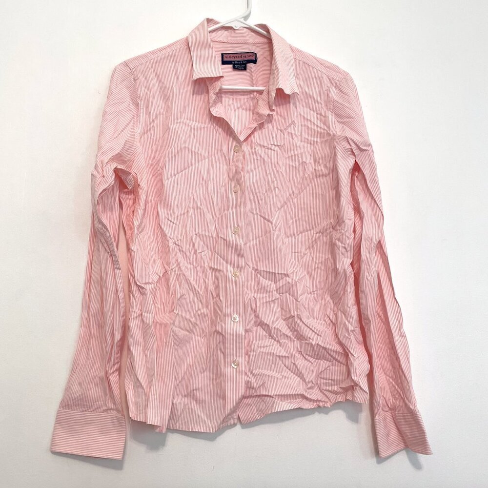 VINEYARD VINES Pink White Vertical Striped Long Sleeve Cotton Button Down Shirt
